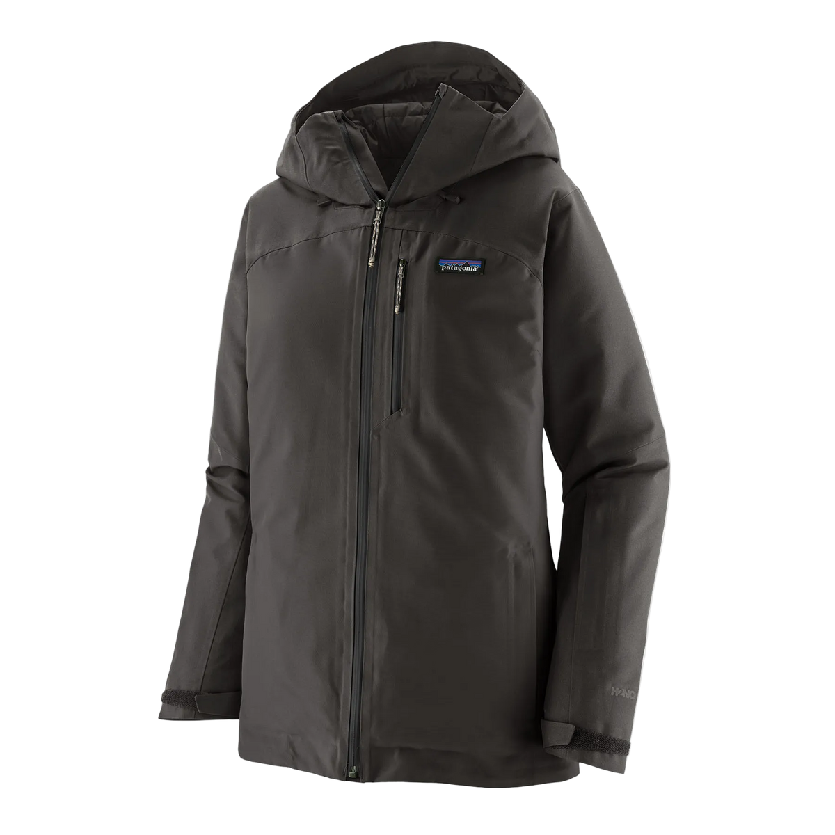 Front view of the Patagonia Women's Insulated Powder Town Jacket featuring a 2-layer H2No Performance Standard shell, 80g body and 40g sleeve Thermogreen 100% recycled polyester insulation, a two-way adjustable helmet-compatible hood, a covered full-length center-front zipper with storm flap, mesh-lined underarm pit zips, dual zippered handwarmer pockets, a zippered chest pocket, an forearm pass pocket, an internal powder skirt, and an embedded RECCO reflector.