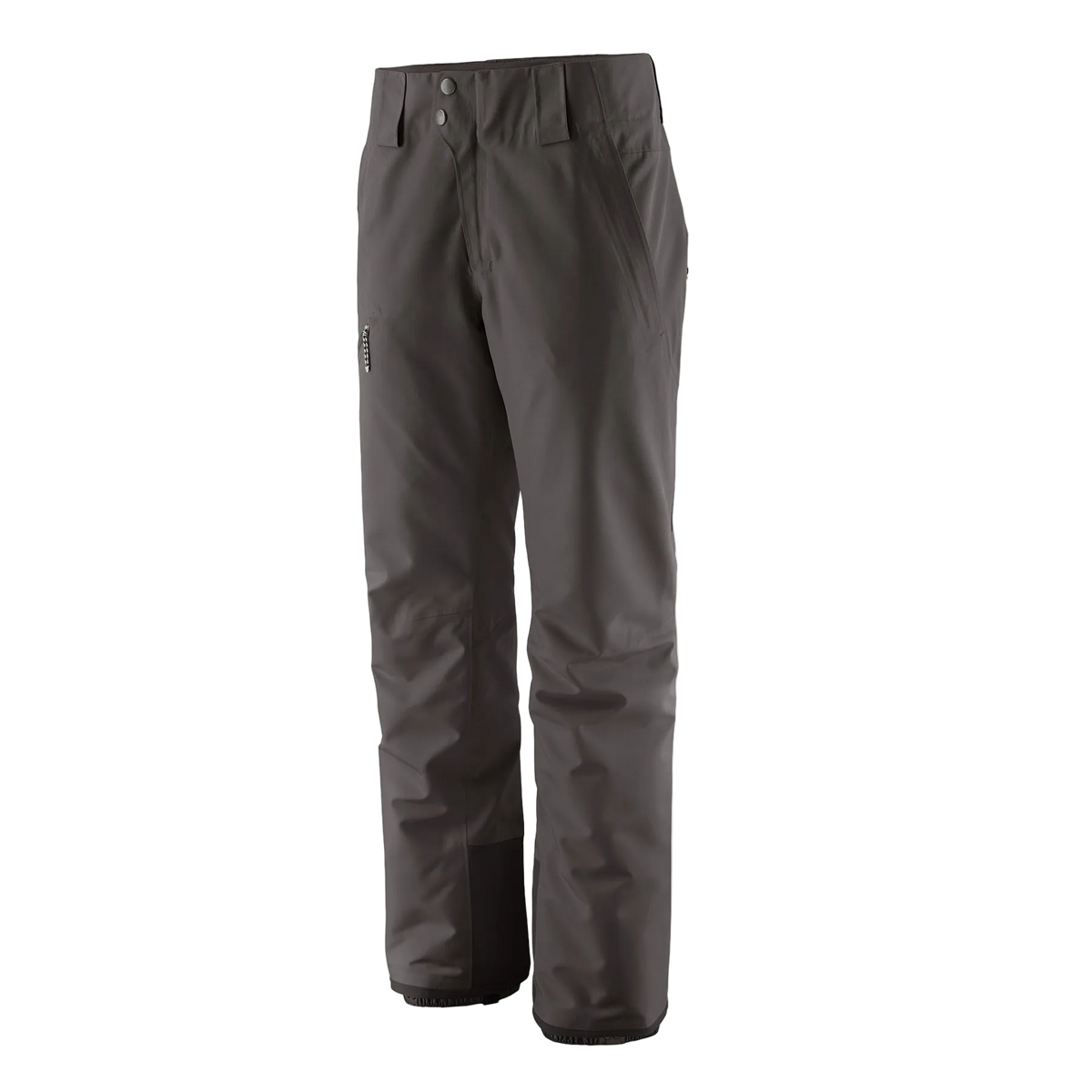 Front view of the Patagonia Women's Insulated Powder Town Pants featuring a 2-layer H2No Performance Standard shell, 60g Thermogreen 100% recycled polyester insulation, an adjustable waist with belt loops and dual-snap closure, mesh-lined outer thigh ventilation zips, zippered handwarmer pockets, articulated knees, heavy-duty inner ankle scuff guards, internal boot gaiters with gripper elastic, and an embedded RECCO reflector.