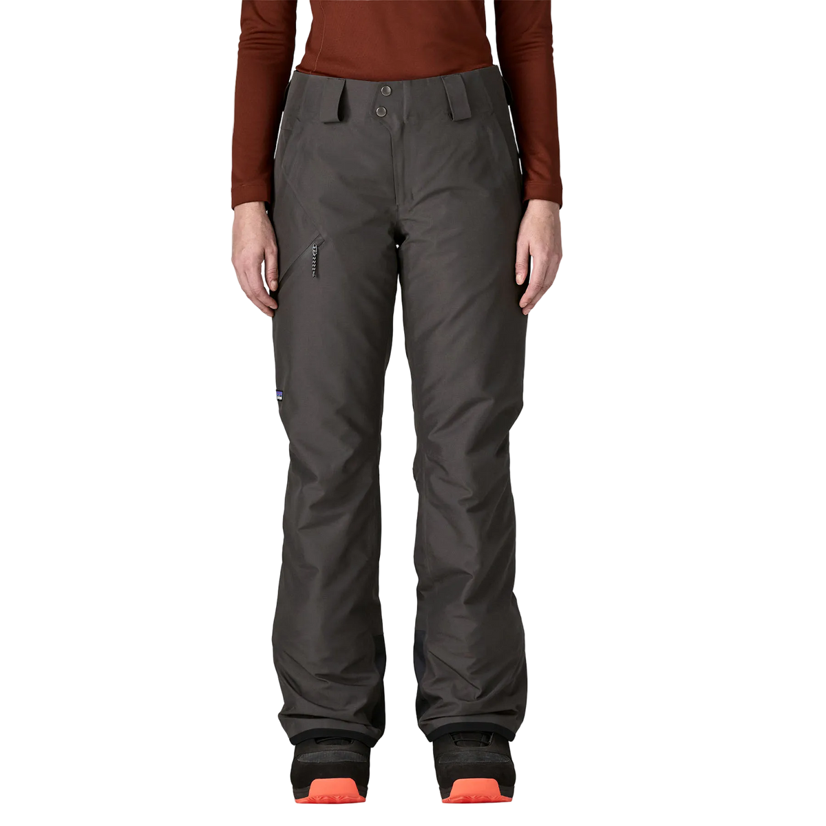 Front view of the Patagonia Women's Insulated Powder Town Pants featuring a 2-layer H2No Performance Standard shell, 60g Thermogreen 100% recycled polyester insulation, an adjustable waist with belt loops and dual-snap closure, mesh-lined outer thigh ventilation zips, zippered handwarmer pockets, articulated knees, heavy-duty inner ankle scuff guards, internal boot gaiters with gripper elastic, and an embedded RECCO reflector.
