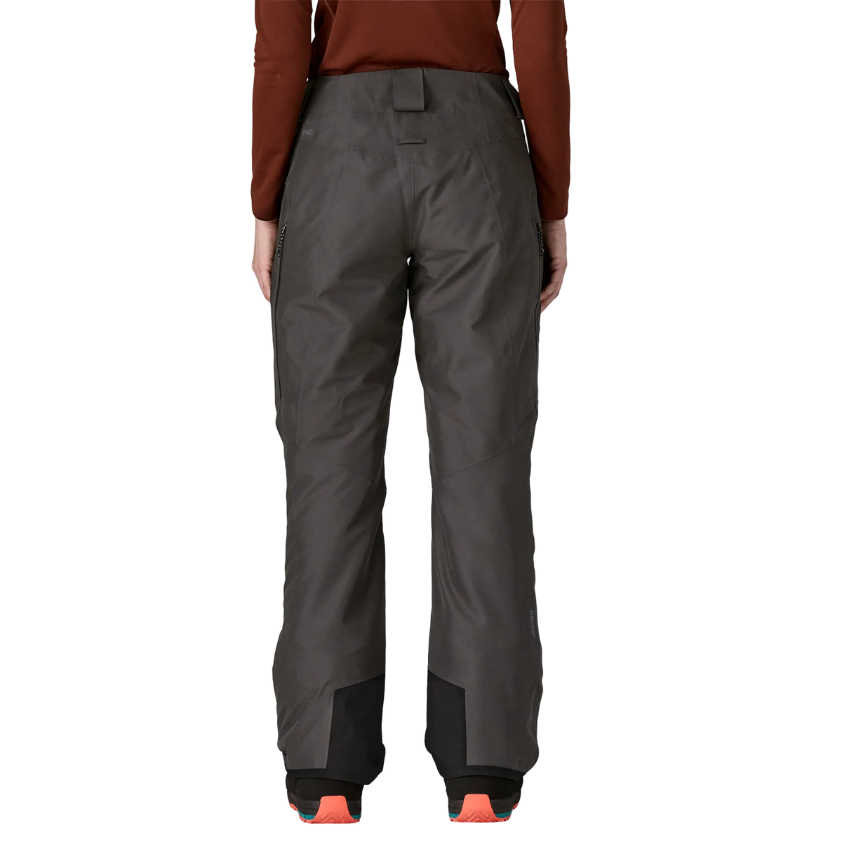 Front view of the Patagonia Women's Insulated Powder Town Pants featuring a 2-layer H2No Performance Standard shell, 60g Thermogreen 100% recycled polyester insulation, an adjustable waist with belt loops and dual-snap closure, mesh-lined outer thigh ventilation zips, zippered handwarmer pockets, articulated knees, heavy-duty inner ankle scuff guards, internal boot gaiters with gripper elastic, and an embedded RECCO reflector.