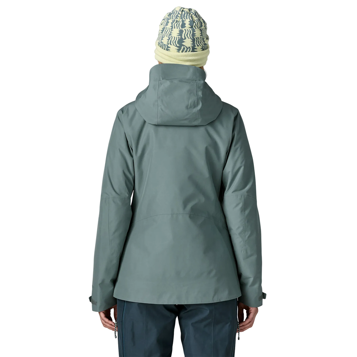Front view of the Patagonia Women's Insulated Storm Shift Jacket featuring a 2-layer GORE-TEX shell, 60g Thermogreen 100% recycled polyester insulation, a two-way adjustable helmet-compatible hood with laminated visor, a watertight center-front zipper, underarm pit zips for ventilation, dual zippered handwarmer pockets, a zippered forearm pass pocket, an integrated powder skirt, and an embedded RECCO reflector.