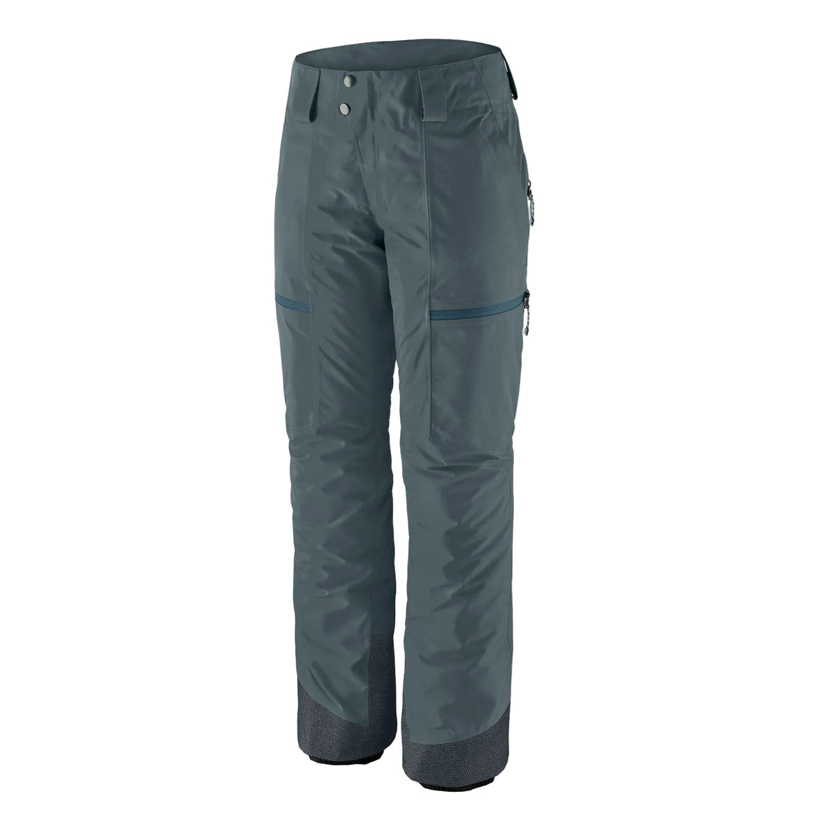 Front view of the Patagonia Women's Insulated Storm Shift Pants featuring a 2-layer GORE-TEX ePE fabric shell, 60g Thermogreen 100% recycled polyester insulation, an adjustable waist with dual-snap closure and belt loops, watertight zippered handwarmer and thigh pockets, mesh-lined thigh ventilation zips, articulated knees, inner ankle scuff guards, internal boot gaiters with gripper elastic, and an integrated RECCO reflector.