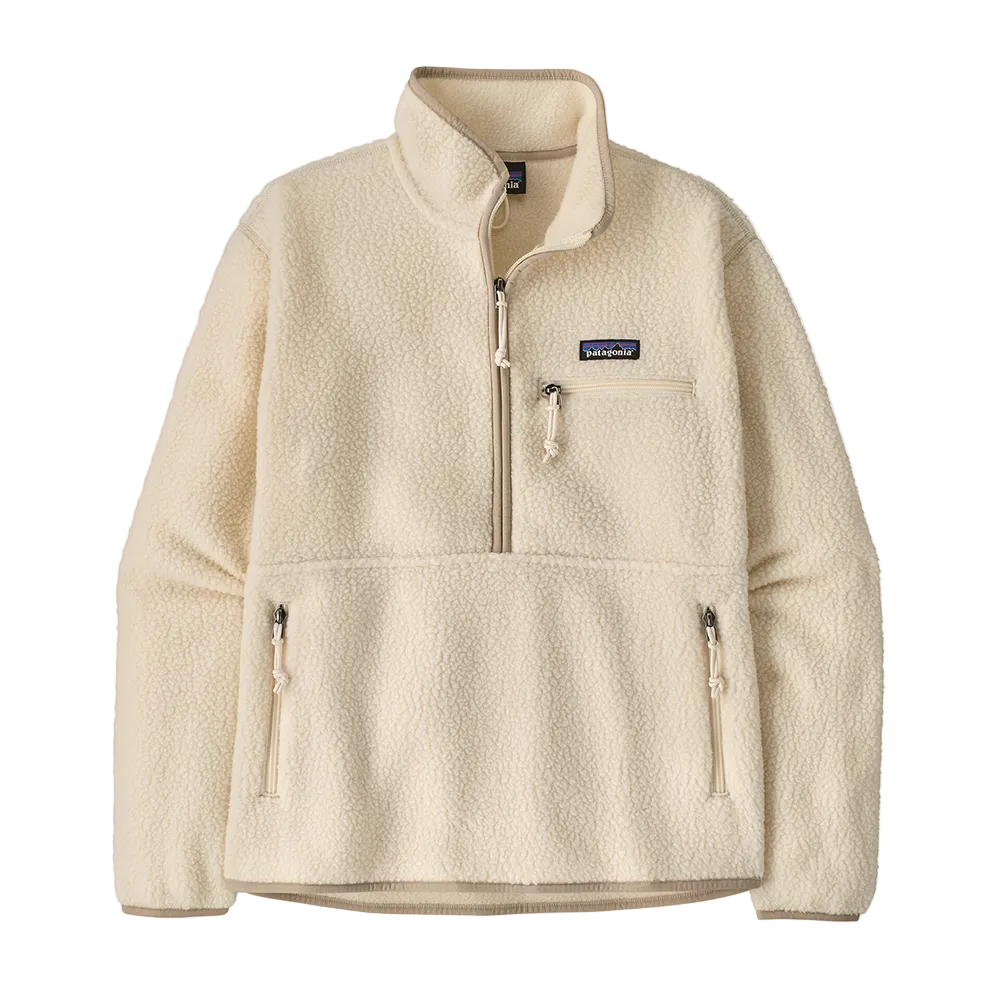 A natural Patagonia Women's Retro Pile Marsupial featuring a 100% recycled polyester double-sided shearling fleece construction, a high-pile exterior texture, a deep three-quarter center-front zipper with elastane binding, a stand-up collar, offset shoulder seams, flat-seam construction, and a mesh-lined marsupial kangaroo handwarmer pocket with dual side zipper closures.