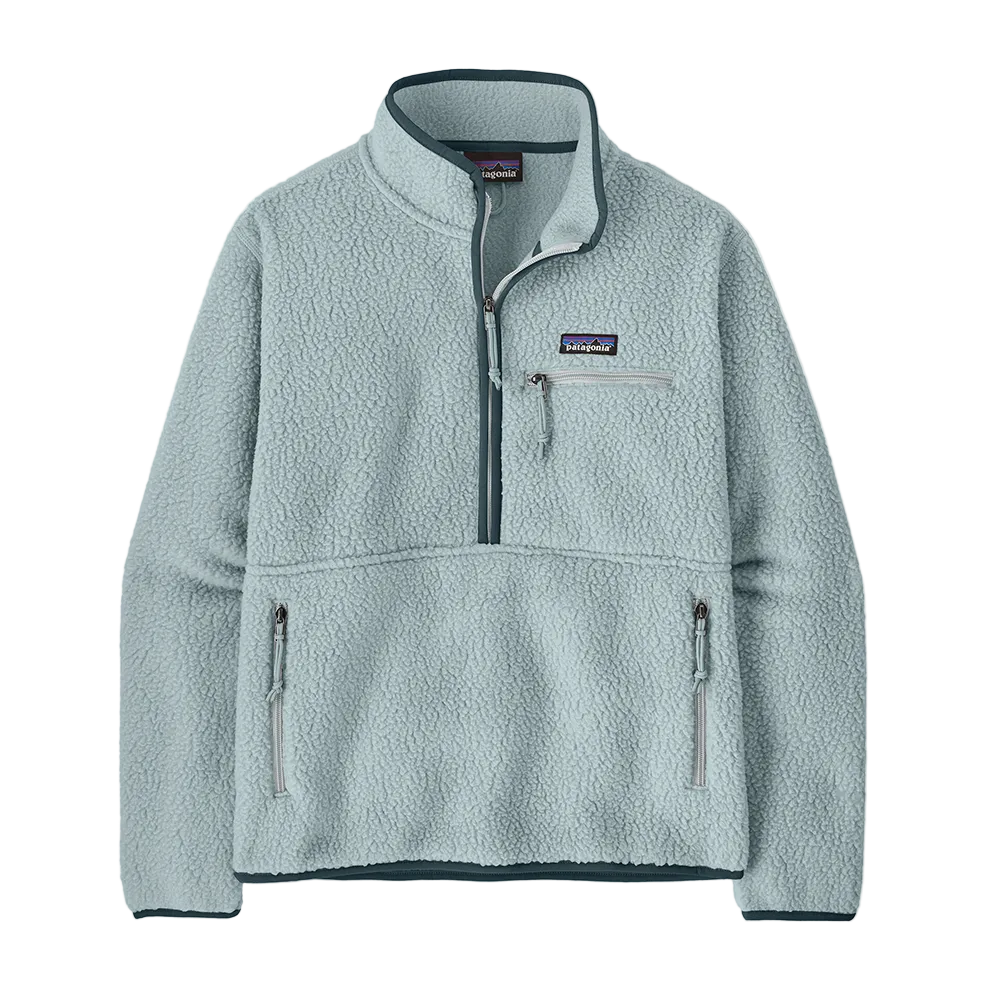 A virtually blue Patagonia Women's Retro Pile Marsupial featuring a 100% recycled polyester double-sided shearling fleece construction, a high-pile exterior texture, a deep three-quarter center-front zipper with elastane binding, a stand-up collar, offset shoulder seams, flat-seam construction, and a mesh-lined marsupial kangaroo handwarmer pocket with dual side zipper closures.