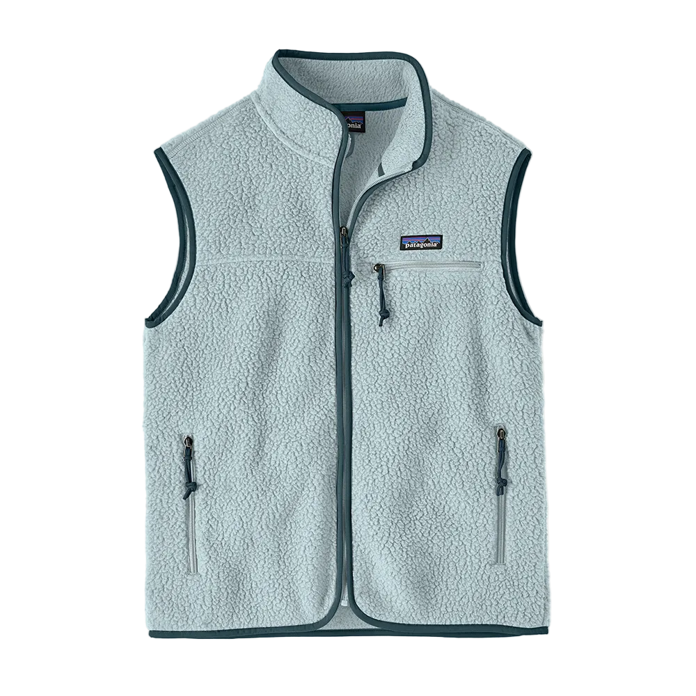 Front view of the Patagonia Women's Retro Pile Vest featuring a 100% recycled polyester double-sided shearling fleece construction, high-pile exterior texture, warp-knit mesh lining, full-length center-front zipper, tall stand-up collar, offset shoulder seams, flat-seam construction, elastane binding trim along the armholes and hem, a zippered left-chest pocket, and dual zippered handwarmer pockets.