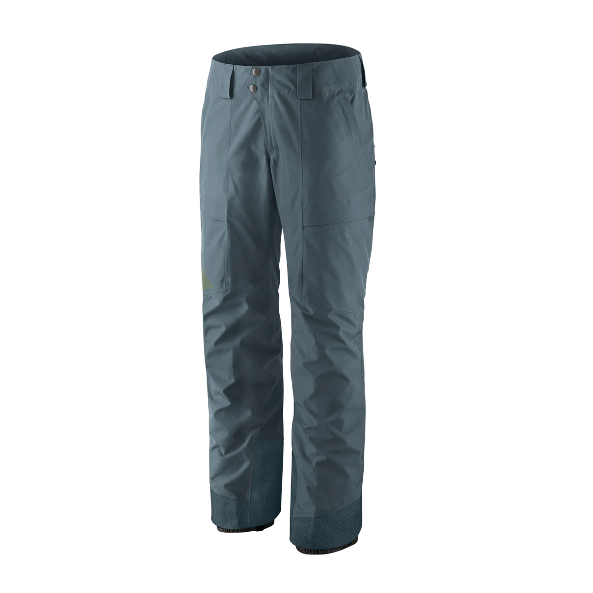 Front view of the Patagonia Women's Storm Shift Pants featuring a 2-layer GORE-TEX shell made from 100% recycled polyester, a body-mapped zig-zag fleece and mesh lining, outer thigh ventilation zips with mesh backing, adjustable waist tabs with belt loops and double-snap closure, dual zippered thigh pockets, reinforced inner ankle scuff guards, internal gaiters with gripper elastic, and an embedded RECCO reflector.