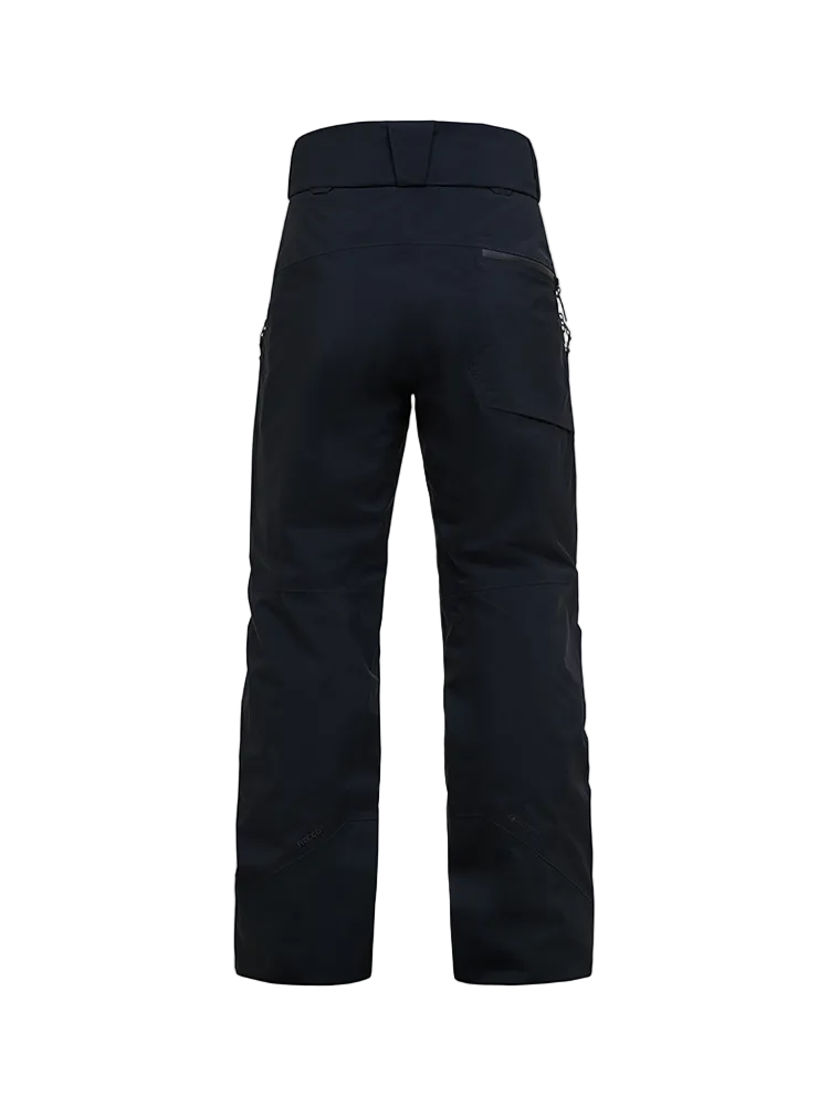 Rear view of black Peak Performance Men's Alpine GORE-TEX 2L Insulated Shell Pants featuring a 2-layer GORE-TEX waterproof membrane, YKK AquaGuard zippered thigh vents, an adjustable waistband, and reinforced Cordura scuff guards.