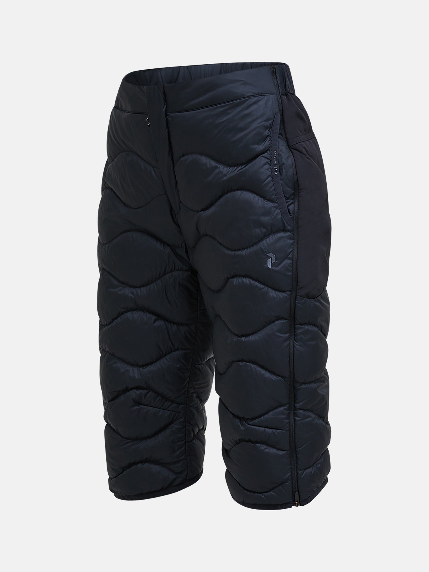 Peak Performance Men's Helium Down Ski Shorts featuring premium down insulation, full-length side zippers, wind-resistant fabric, and an athletic fit for winter performance.
