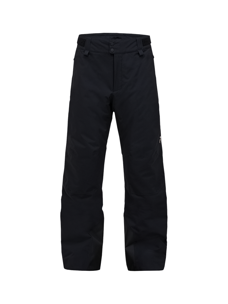 Front view of the Peak Performance Men's Maroon HIPE 2L Insulated Shell Pants featuring 2-layer HIPE 2-way stretch fabric, an adjustable velcro waistband, articulated knees, and reinforced Cordura lower leg scuff guards.
