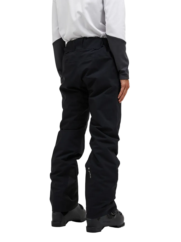 Rear view of the Peak Performance Men's Maroon HIPE 2L Insulated Shell Pants featuring 2-layer HIPE 2-way stretch fabric, an adjustable velcro waistband, articulated knees, and reinforced Cordura lower leg scuff guards.