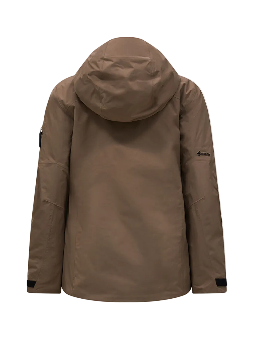 Rear view of a brown Peak Performance Women's Alpine GORE-TEX 2L Insulated Shell Jacket featuring a 2-layer GORE-TEX waterproof shell, YKK AquaGuard storm zippers, an integrated radio pocket, and a helmet-compatible hood.