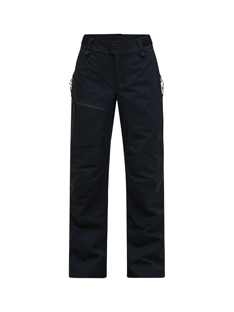 Front view of a black Peak Performance Women's Alpine GORE-TEX 2L Insulated Shell Pants featuring a 2-layer GORE-TEX waterproof membrane, YKK AquaGuard zippered thigh vents, an adjustable waistband, and reinforced Cordura scuff guards.