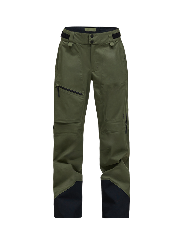 Front view of the pine needle green Peak Performance Women's Alpine GORE-TEX C-Knit 3L Shell Pants featuring 3-layer GORE-TEX fabric with C-KNIT backer technology, YKK AquaGuard leg ventilation zips, an adjustable velcro waistband, and reinforced Cordura lower leg scuff guards.
