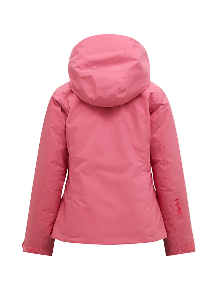 Rear view of a mountain blush pink Peak Performance Women's Anima HIPE 2L Insulated Shell Jacket featuring 2-layer HIPE 2-way stretch fabric, YKK AquaGuard storm zippers, a 2-way adjustable helmet-compatible hood, and zippered underarm vents.
