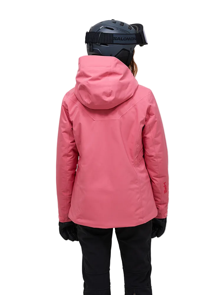 Rear view of a mountain blush pink Peak Performance Women's Anima HIPE 2L Insulated Shell Jacket featuring 2-layer HIPE 2-way stretch fabric, YKK AquaGuard storm zippers, a 2-way adjustable helmet-compatible hood, and zippered underarm vents.
