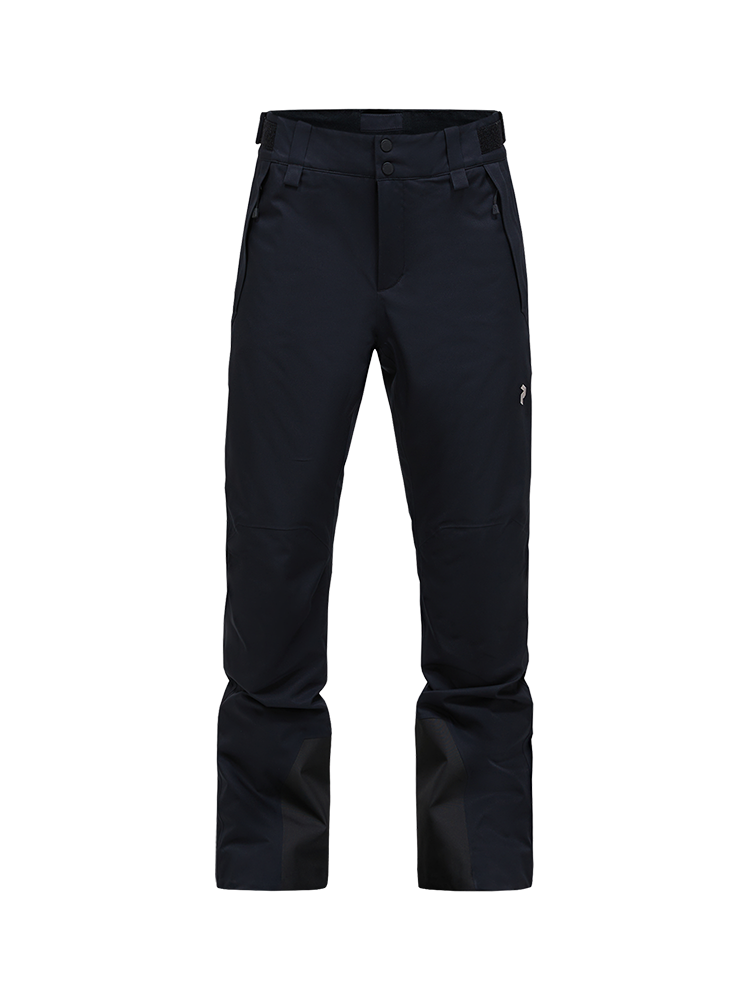 Front view of black Peak Performance Women's Anima HIPE 2L Insulated Shell Pants featuring 2-layer HIPE 2-way stretch fabric, YKK AquaGuard zippered thigh vents, an adjustable velcro waistband, and reinforced lower leg scuff guards.