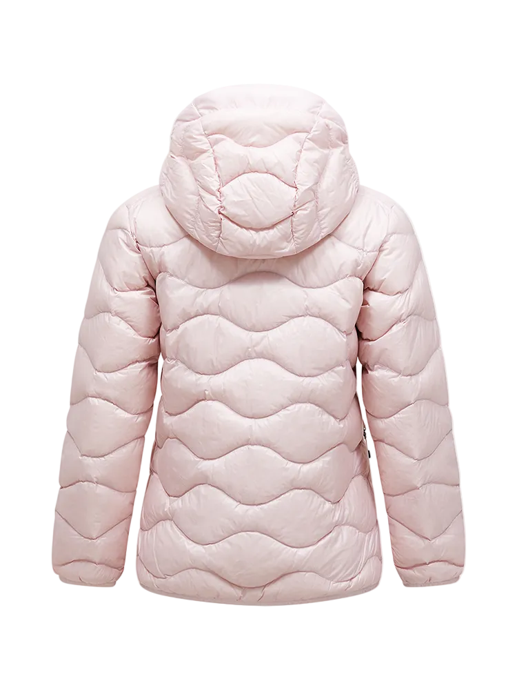 Rear view of a frosted blossom pink Peak Performance Women's Helium Down Hooded Jacket featuring ultra-lightweight windproof fabric, signature wave quilting, 700-fill-power down insulation, and an elasticated fixed hood