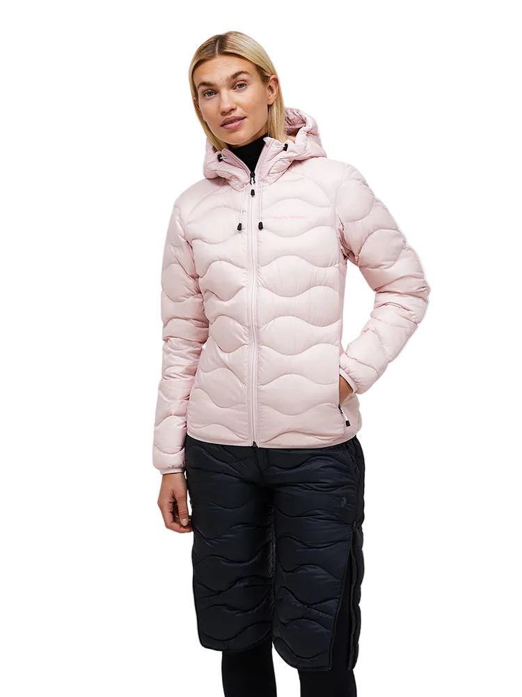 Front view of a frosted blossom pink Peak Performance Women's Helium Down Hooded Jacket featuring ultra-lightweight windproof fabric, signature wave quilting, 700-fill-power down insulation, and an elasticated fixed hood