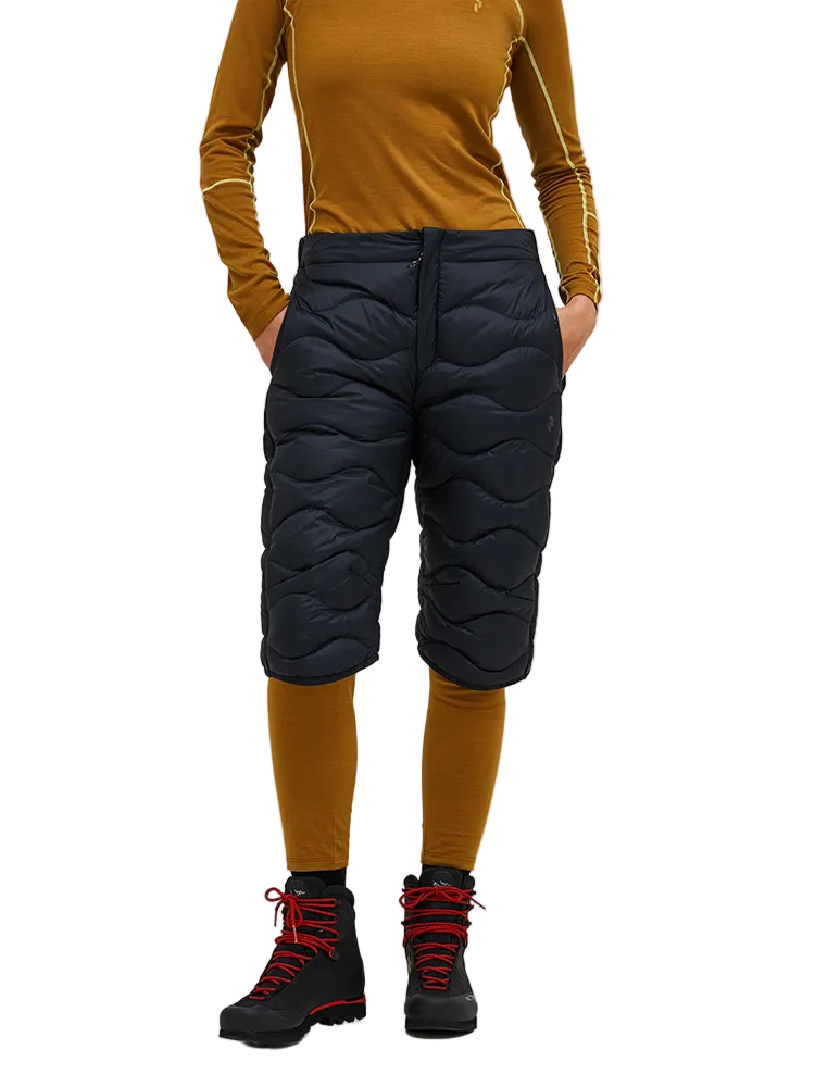 Front view of black Peak Performance Women's Helium Down Shorts featuring ultra-lightweight windproof fabric, signature wave quilting, 700-fill-power down insulation, and a low-profile elastic waistband.