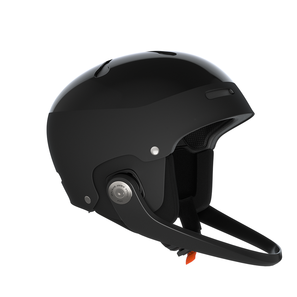 A black POC Artic SL MIPS ski racing helmet that features a chin guard and is FIS certified.