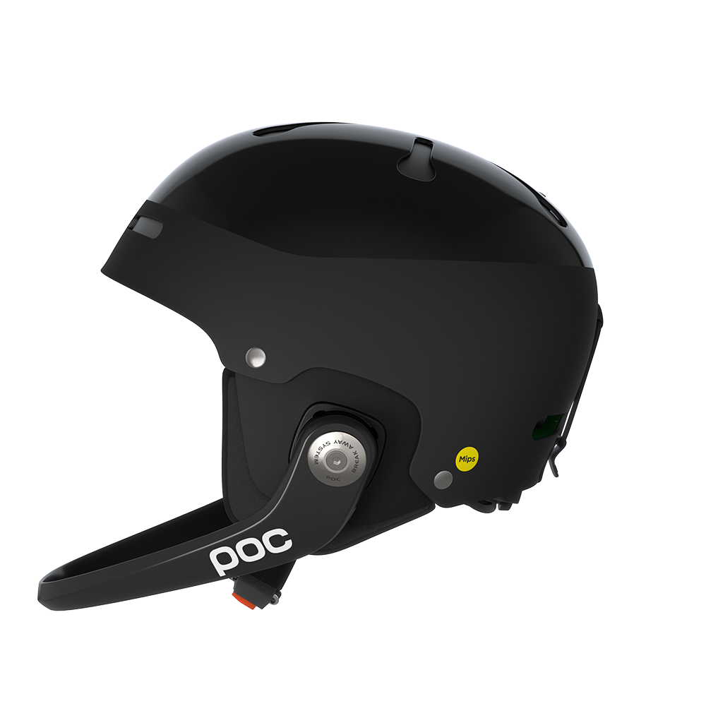 A black POC Artic SL MIPS ski racing helmet that features a chin guard and is FIS certified.