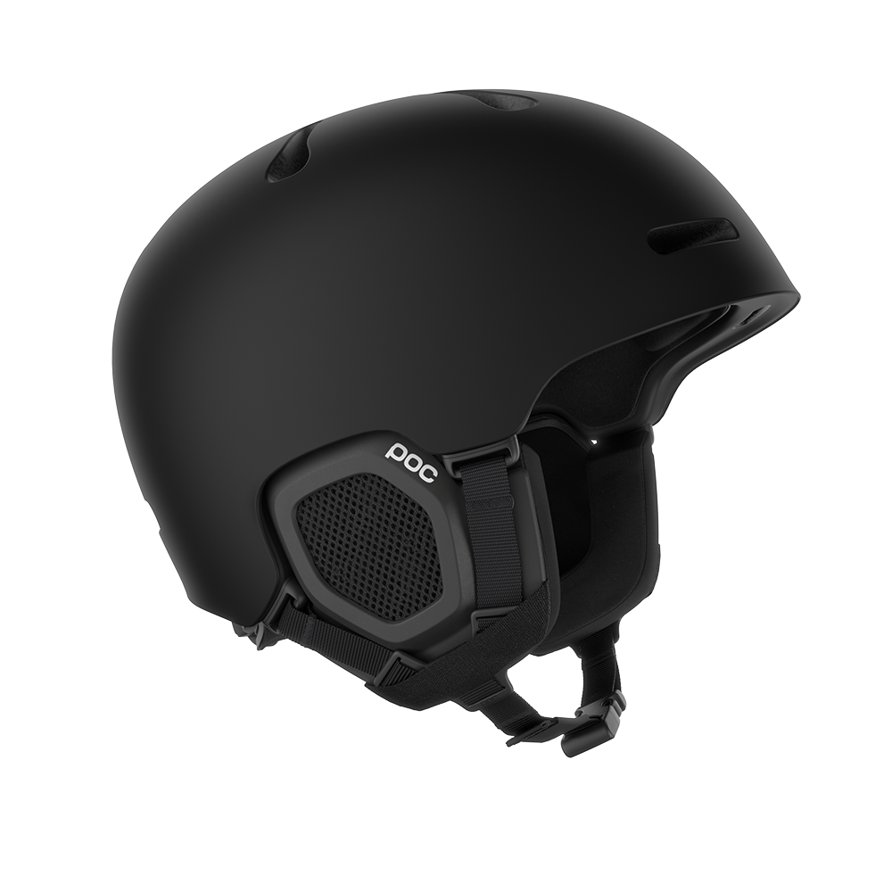 Side view of a black POC Fornix MIPS Ski Helmet featuring an in-mold PC shell, molded aramid bridge panels, top sliding ventilation vents, front goggle chimneys, and a 360° fit adjustment dial.