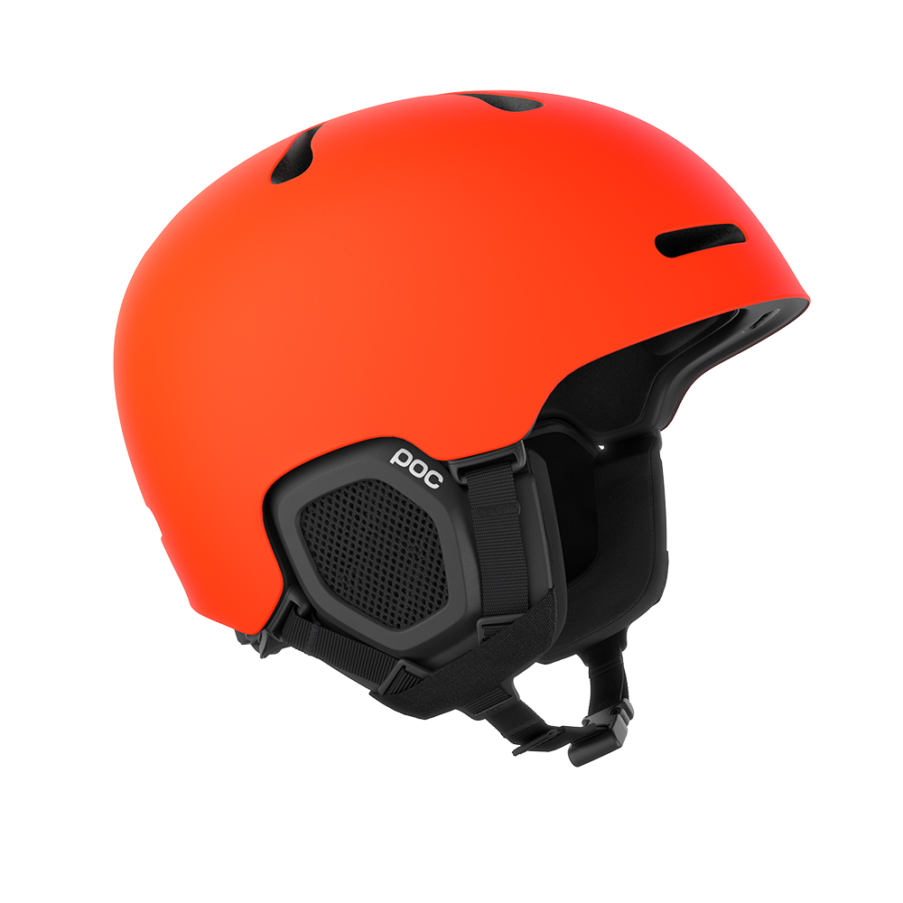Side view of an orange POC Fornix MIPS Ski Helmet featuring an in-mold PC shell, molded aramid bridge panels, top sliding ventilation vents, front goggle chimneys, and a 360° fit adjustment dial.