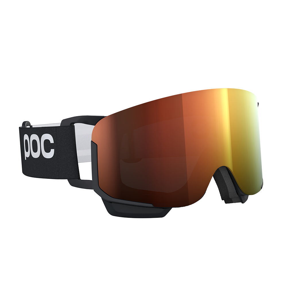 Black POC Nexal Mid ski goggles with a large orange mirrored lens and features an interchangeable lens system.
