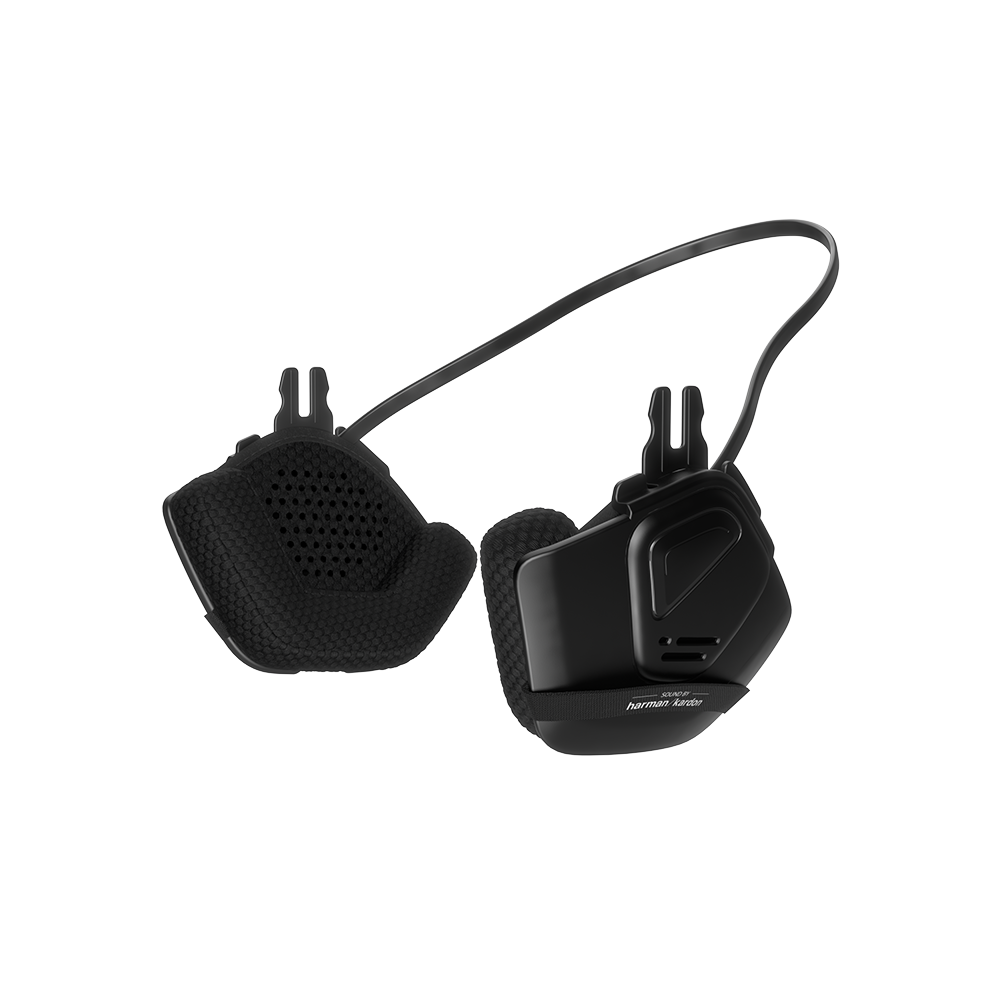 Side view of the POC Obex Connect Headset featuring integrated audio speaker ear pads, a glove-friendly tactile control unit, and a cold-weather resistant 3.5mm connection cable.