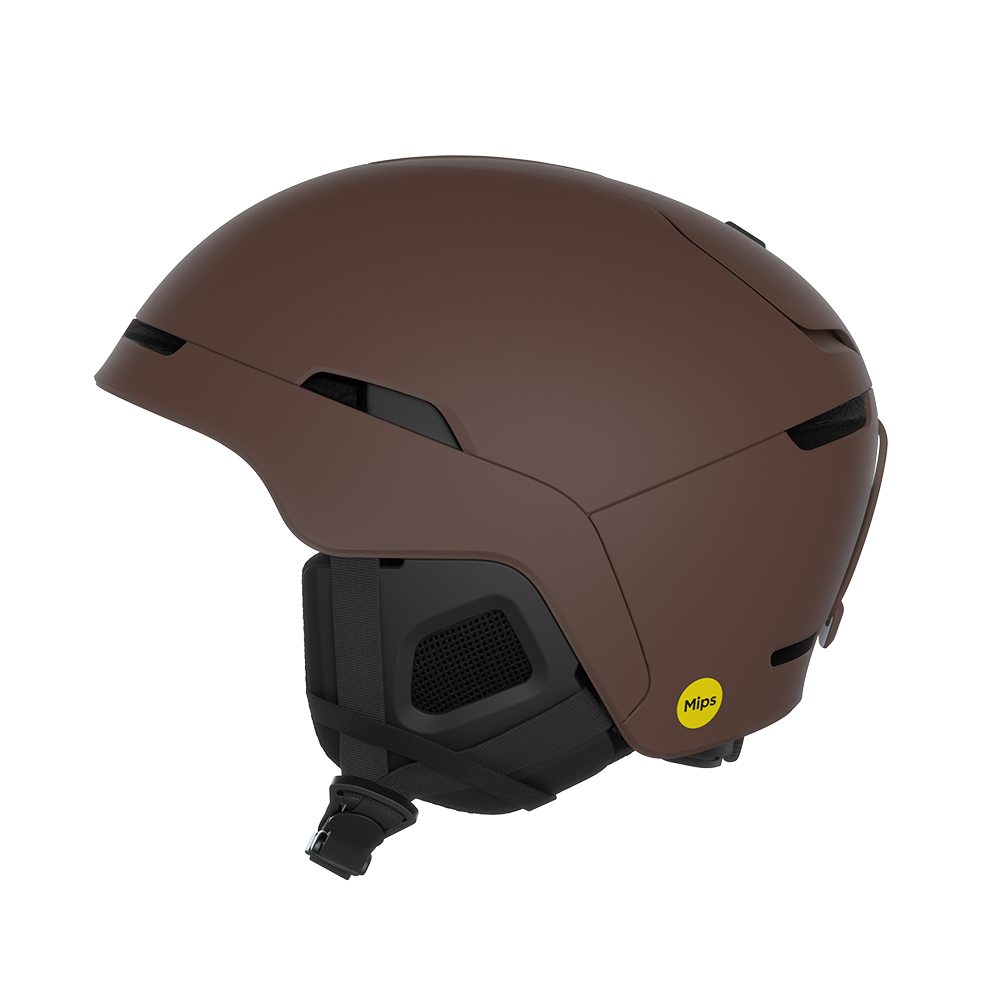 Side view of a brown POC Obex MIPS Ski Helmet featuring a hybrid PC/ABS construction, sliding top ventilation vents, and a 360° fit adjustment dial.