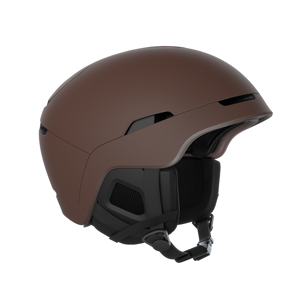 Side view of a brown POC Obex MIPS Ski Helmet featuring a hybrid PC/ABS construction, sliding top ventilation vents, and a 360° fit adjustment dial.