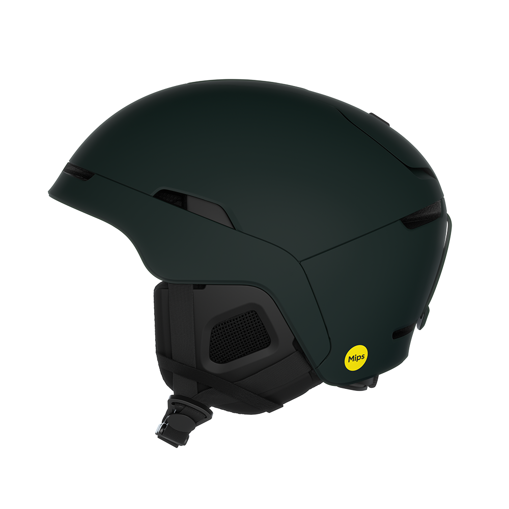 Side view of a green POC Obex MIPS Ski Helmet featuring a hybrid PC/ABS construction, sliding top ventilation vents, and a 360° fit adjustment dial.