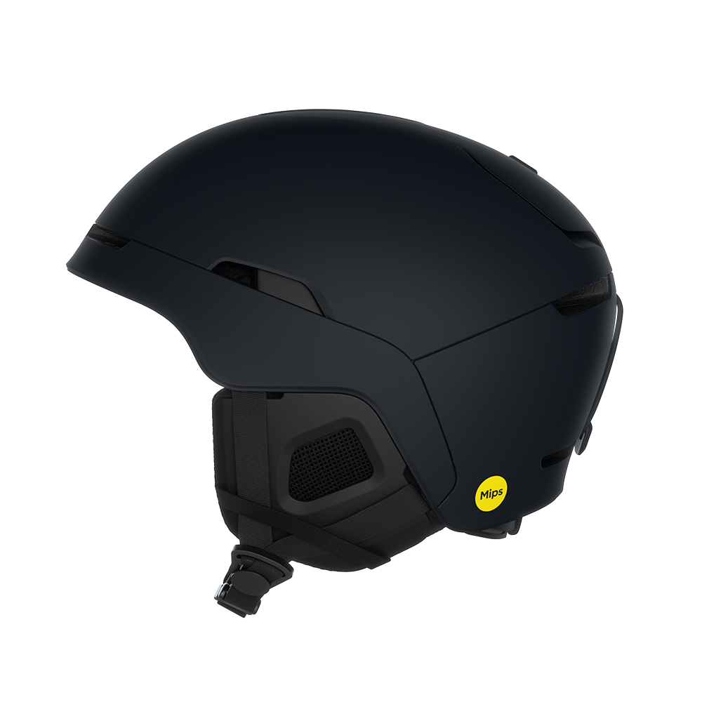 Side view of a navy POC Obex MIPS Ski Helmet featuring a hybrid PC/ABS construction, sliding top ventilation vents, and a 360° fit adjustment dial.