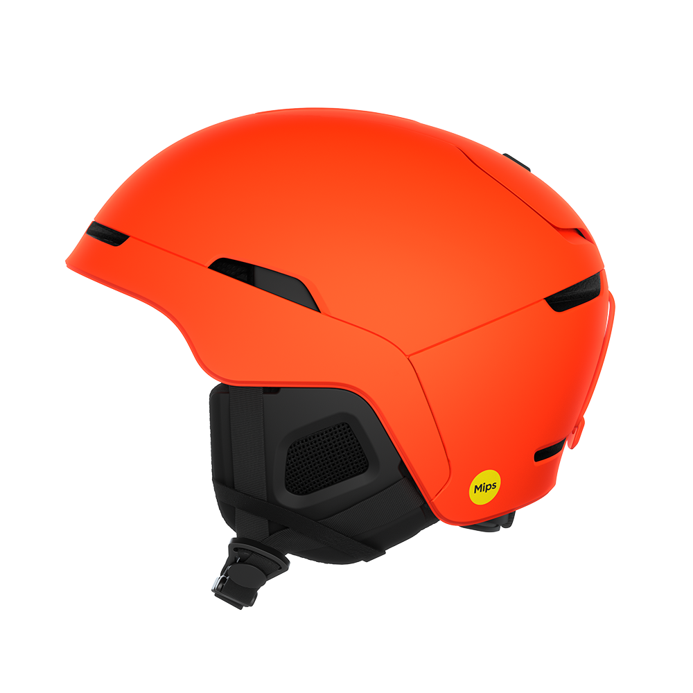 Side view of an orange POC Obex MIPS Ski Helmet featuring a hybrid PC/ABS construction, sliding top ventilation vents, and a 360° fit adjustment dial.