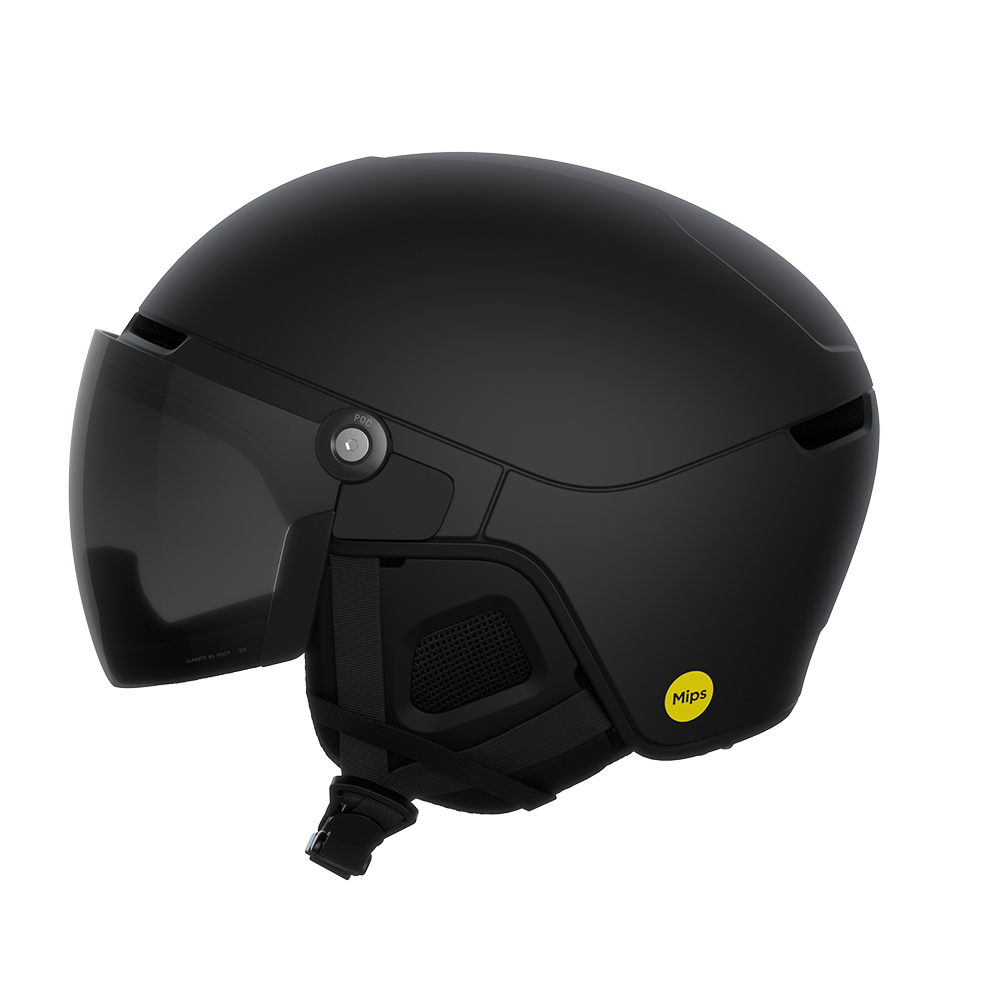 Side view of a black 2027 POC Obex Visor Ski Helmet featuring an in-mold ABS/EPS shell, integrated frameless Clarity visor lens, adjustable sliding ventilation vents, and a 360° fit system dial.