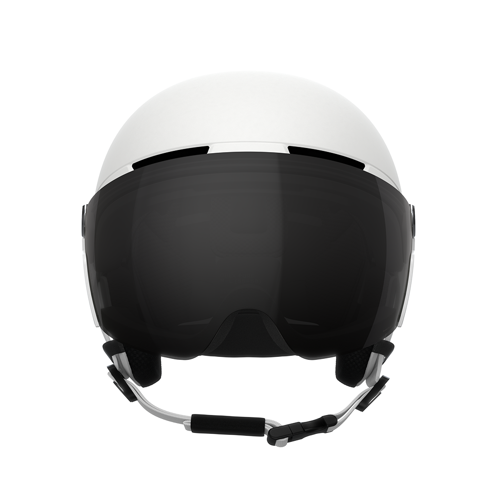Front view of a white 2027 POC Obex Visor Ski Helmet featuring an in-mold ABS/EPS shell, integrated frameless Clarity visor lens, adjustable sliding ventilation vents, and a 360° fit system dial.