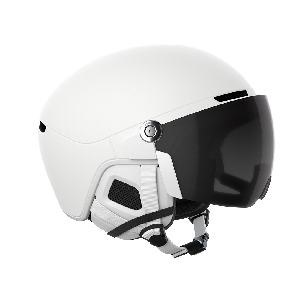 Side view of a white 2027 POC Obex Visor Ski Helmet featuring an in-mold ABS/EPS shell, integrated frameless Clarity visor lens, adjustable sliding ventilation vents, and a 360° fit system dial.