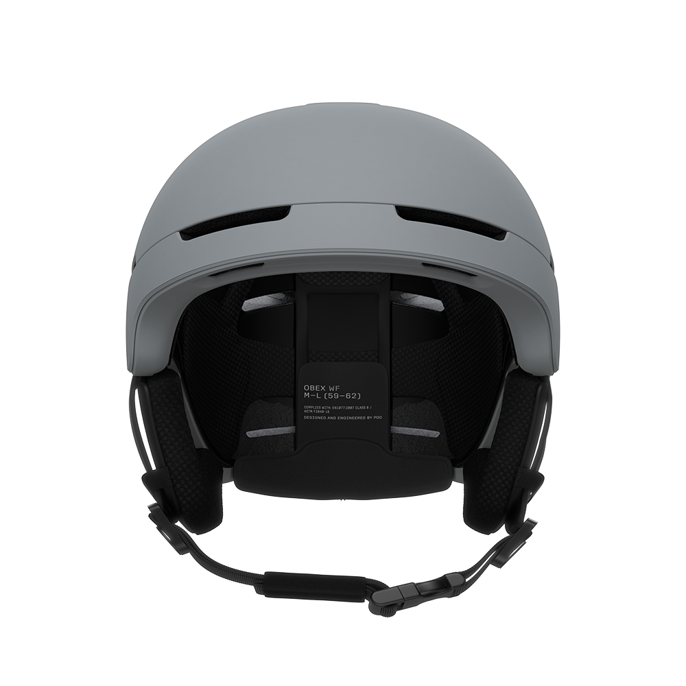 Front view of a grey POC Obex MIPS WF Ski Helmet featuring a wide-fit rounder shell profile, hybrid PC/ABS construction, sliding top ventilation vents, and a 360° fit adjustment dial.