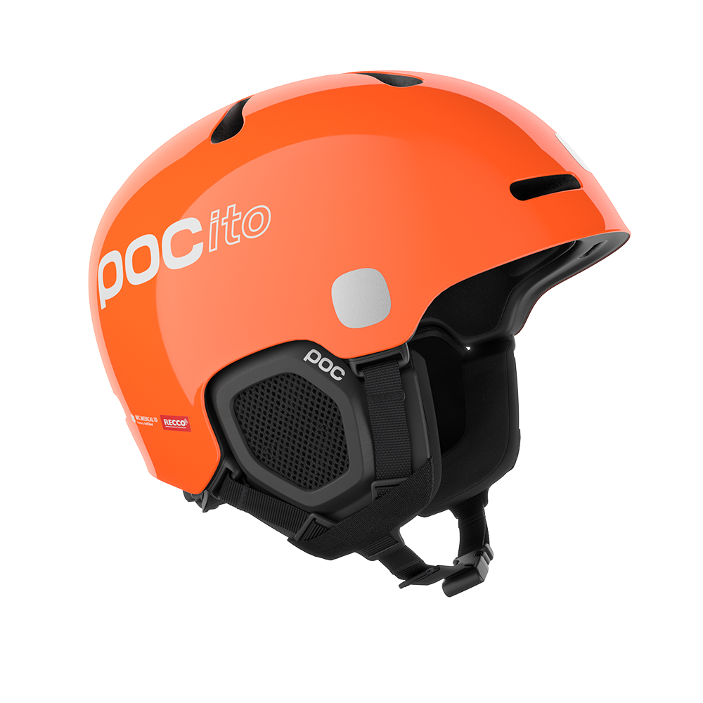 Side view of an orange POC POCito Fornix MIPS Jr Ski Helmet featuring a high-visibility fluorescent shell with reflective patches, adjustable crown ventilation, integrated aramid bridge panels, and a 360° fit adjustment dial.