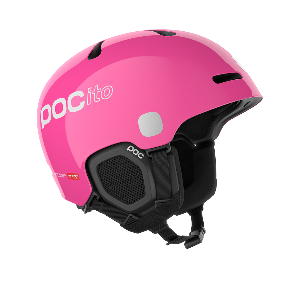 Side view of a pink POC POCito Fornix MIPS Jr Ski Helmet featuring a high-visibility fluorescent shell with reflective patches, adjustable crown ventilation, integrated aramid bridge panels, and a 360° fit adjustment dial.