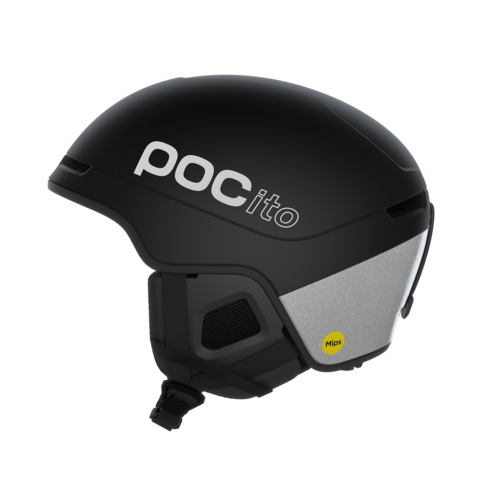 Side view of a black POC POCito Obex MIPS Ski Helmet 2027 featuring a fluorescent high-visibility shell, reflective safety details, MIPS rotational protection, front goggle evacuation chimneys, and a 360° fit adjustment dial.