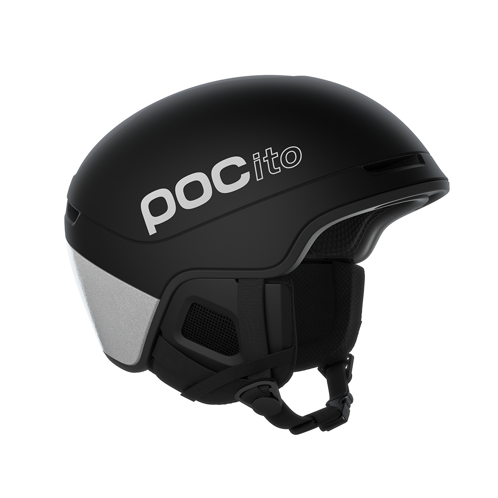 Side view of a black POC POCito Obex MIPS Ski Helmet 2027 featuring a fluorescent high-visibility shell, reflective safety details, MIPS rotational protection, front goggle evacuation chimneys, and a 360° fit adjustment dial.