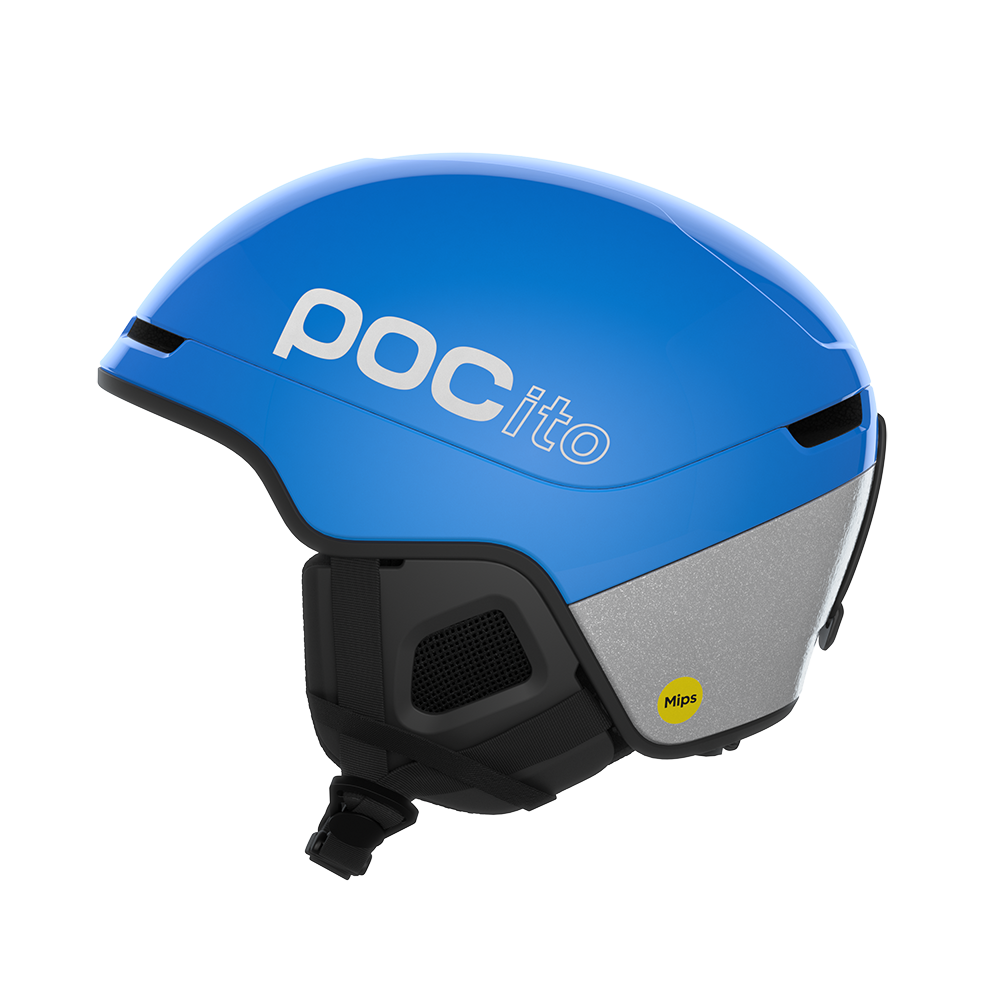 Side view of a fluorescent blue POC POCito Obex MIPS Ski Helmet 2027 featuring a fluorescent high-visibility shell, reflective safety details, MIPS rotational protection, front goggle evacuation chimneys, and a 360° fit adjustment dial.