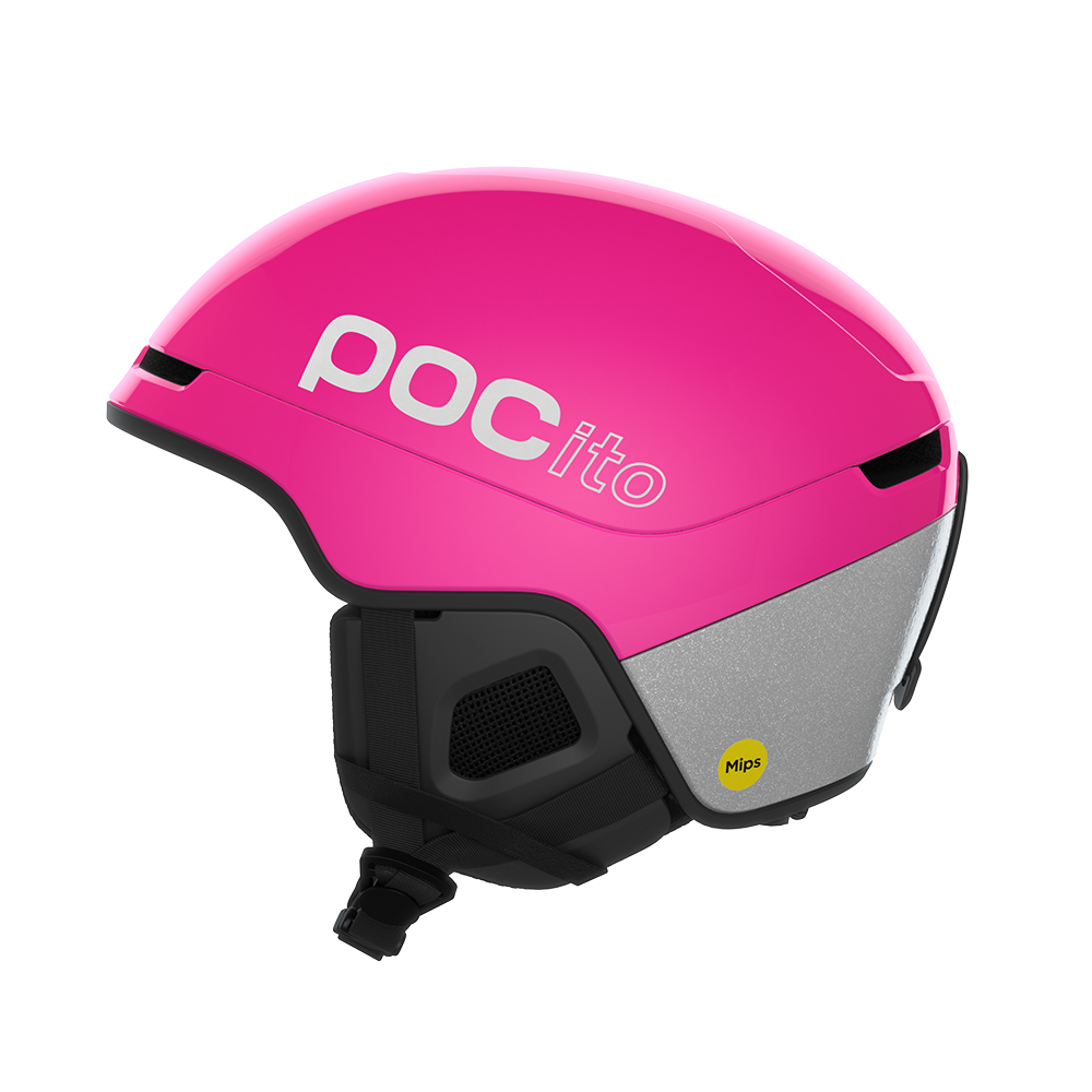 Side view of a fluorescent pink POC POCito Obex MIPS Ski Helmet 2027 featuring a fluorescent high-visibility shell, reflective safety details, MIPS rotational protection, front goggle evacuation chimneys, and a 360° fit adjustment dial.