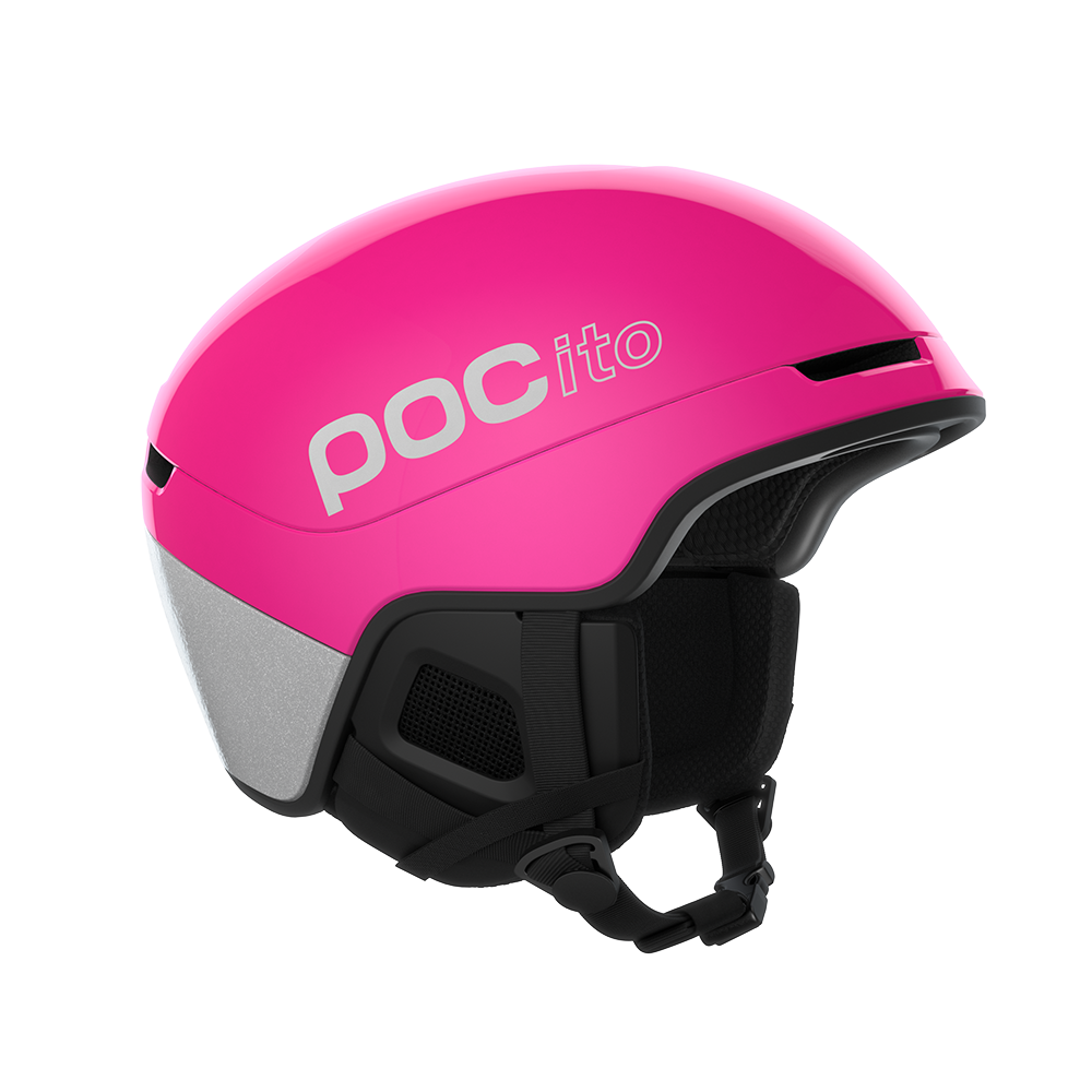 Side view of a fluorescent pink POC POCito Obex MIPS Ski Helmet 2027 featuring a fluorescent high-visibility shell, reflective safety details, MIPS rotational protection, front goggle evacuation chimneys, and a 360° fit adjustment dial.