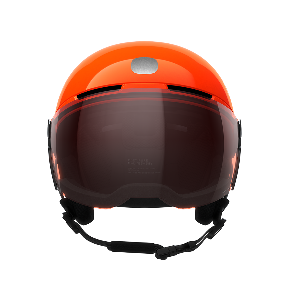 Front view of an orange POC POCito Obex Visor Ski Helmet featuring a high-visibility fluorescent shell, integrated frameless Clarity visor lens, front ventilation chimneys, and a 360° fit adjustment dial.