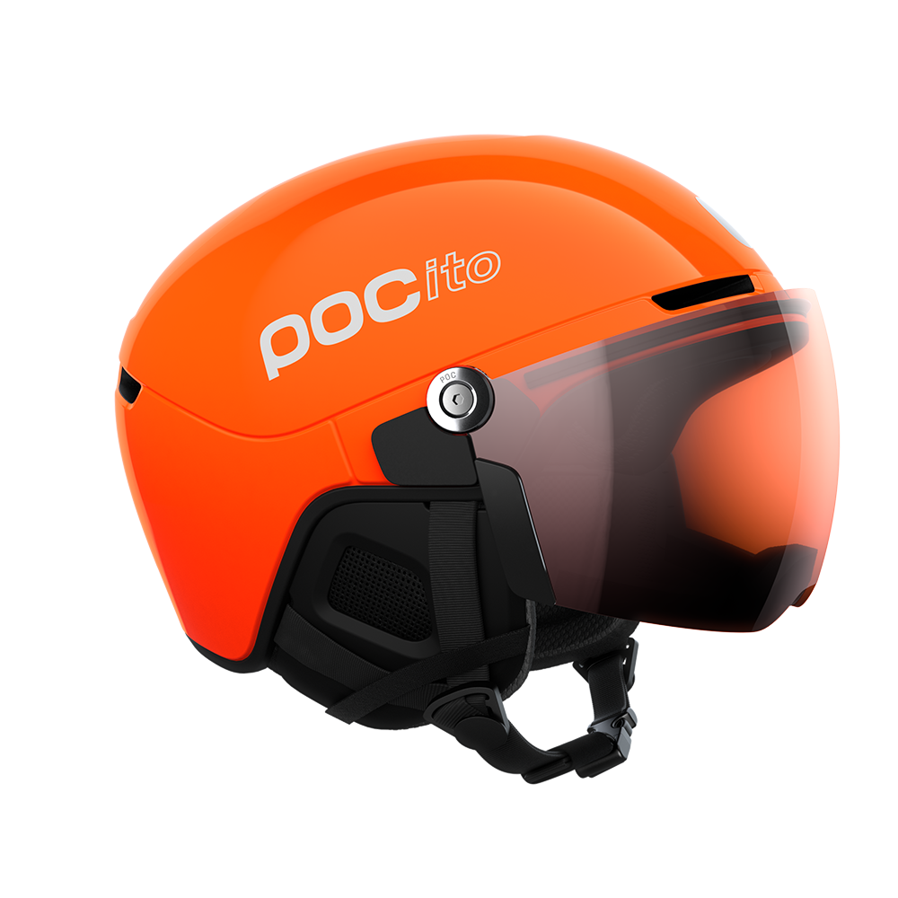Side view of an orange POC POCito Obex Visor Ski Helmet featuring a high-visibility fluorescent shell, integrated frameless Clarity visor lens, front ventilation chimneys, and a 360° fit adjustment dial.