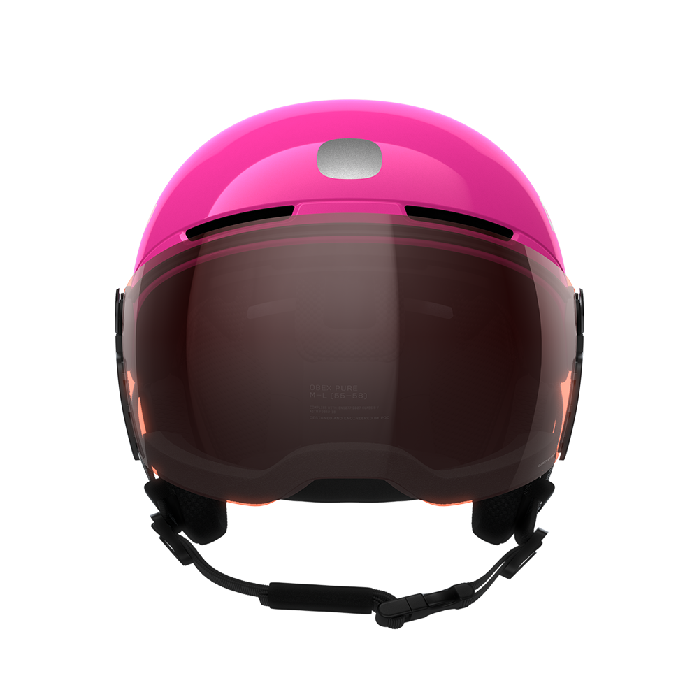 Front view of a pink POC POCito Obex Visor Ski Helmet featuring a high-visibility fluorescent shell, integrated frameless Clarity visor lens, front ventilation chimneys, and a 360° fit adjustment dial.