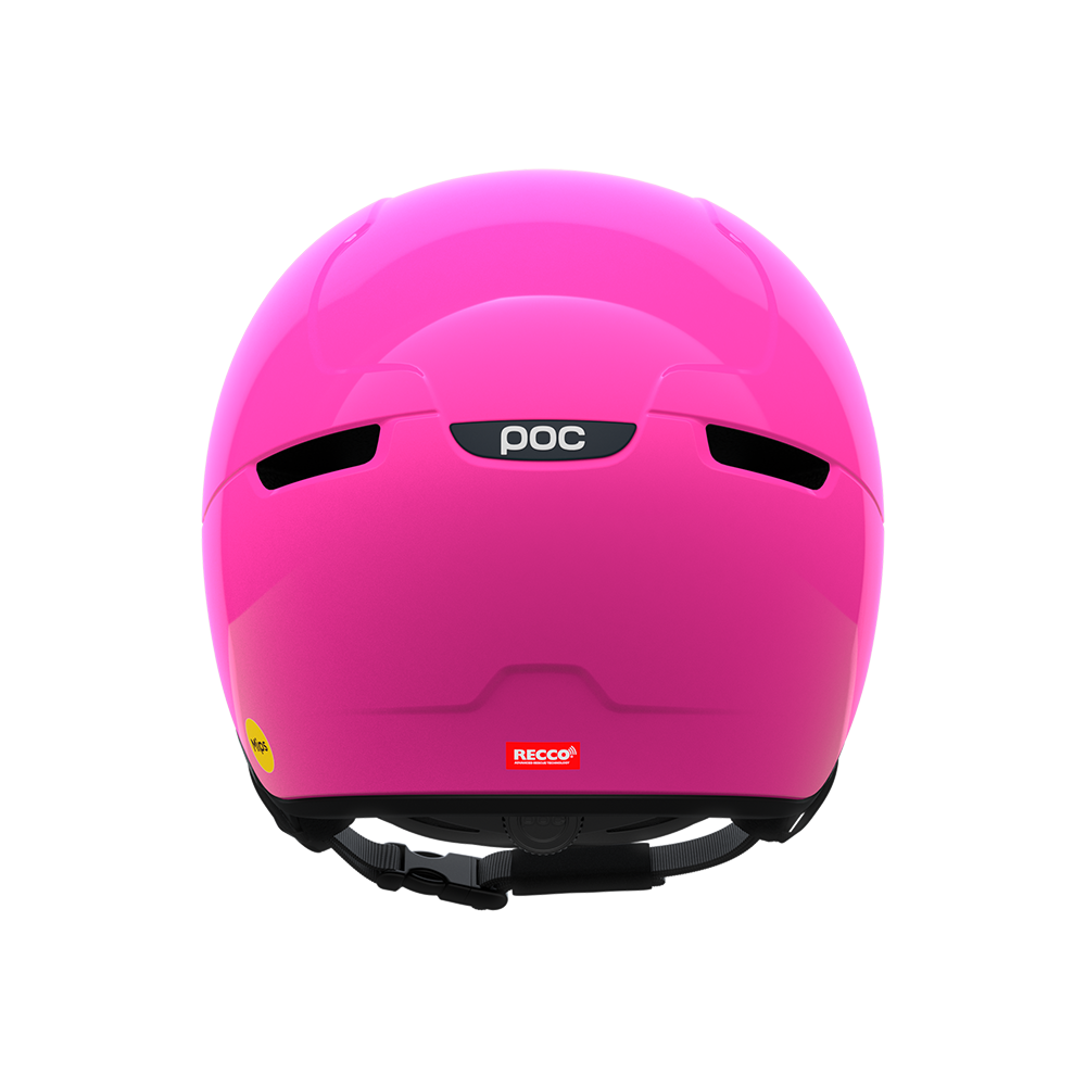 Rear view of a pink POC POCito Obex Visor Ski Helmet featuring a high-visibility fluorescent shell, integrated frameless Clarity visor lens, front ventilation chimneys, and a 360° fit adjustment dial.