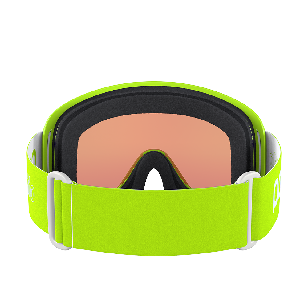Rear view of a pair of green POC POCito Opsin Jr Goggles featuring a flexible fluorescent polyurethane frame, non-mirror cylindrical double lens, triple-layer face foam, and a reflective helmet strap with internal silicone grip.